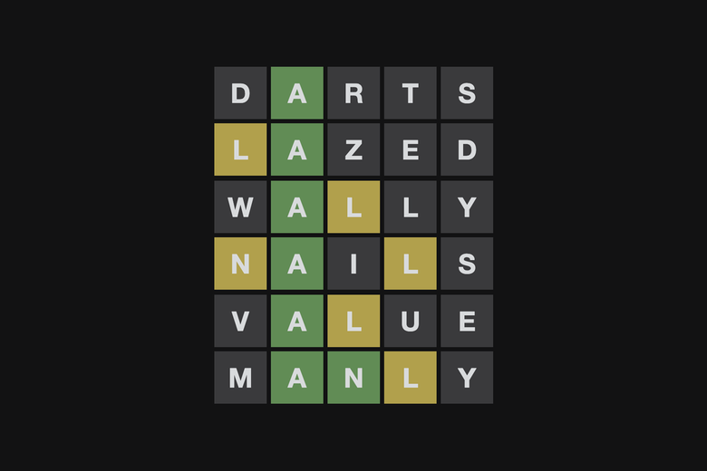 A six-by-five grid on a black background. Each row of the grid has letters in it, some green, some yellow, most gray.
