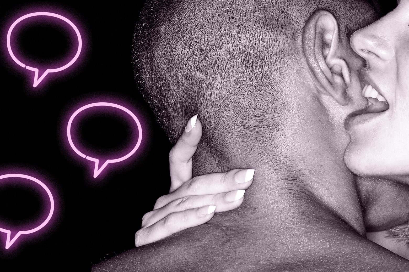 GIF of a woman whispering into a man's ear while neon speech bubbles glow in the background.