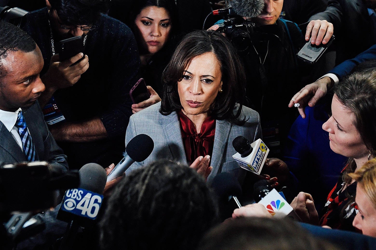 Kamala Harris speaks to the press after participating in the fifth Democratic primary debate of the 2020 presidential campaign season on Nov. 20.