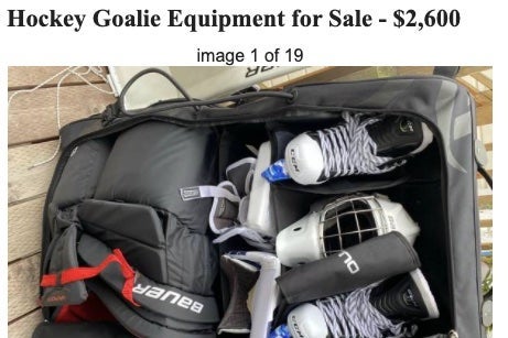 A bag of skates and other equipment for sale.