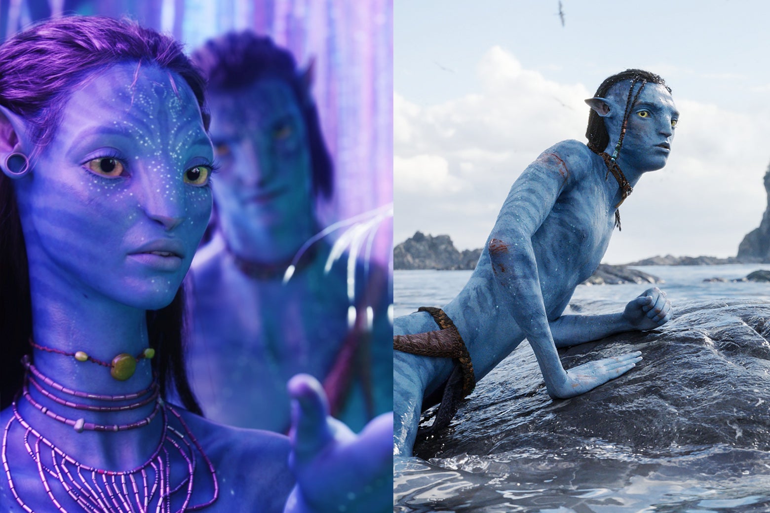 Two images from Avatar: Two Na'vi; a Na'vi in the ocean. 