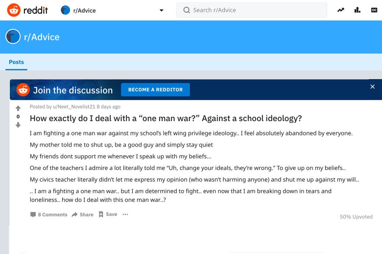 Screengrab of a Reddit thread where a person asks for help waging an ideological war at school.