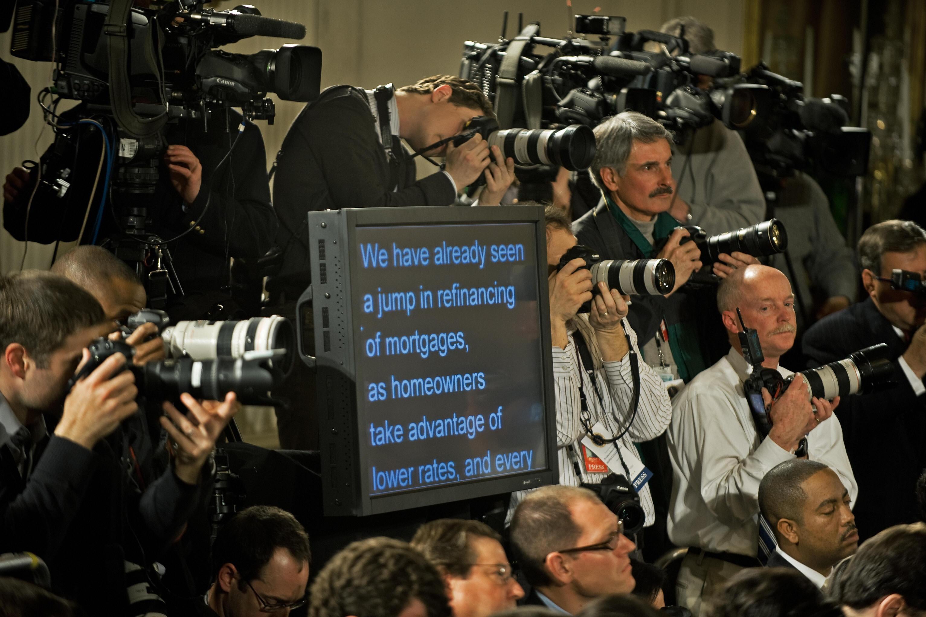 A teleprompter used by President Barack Obama during a prime-time press conference in the White House .
