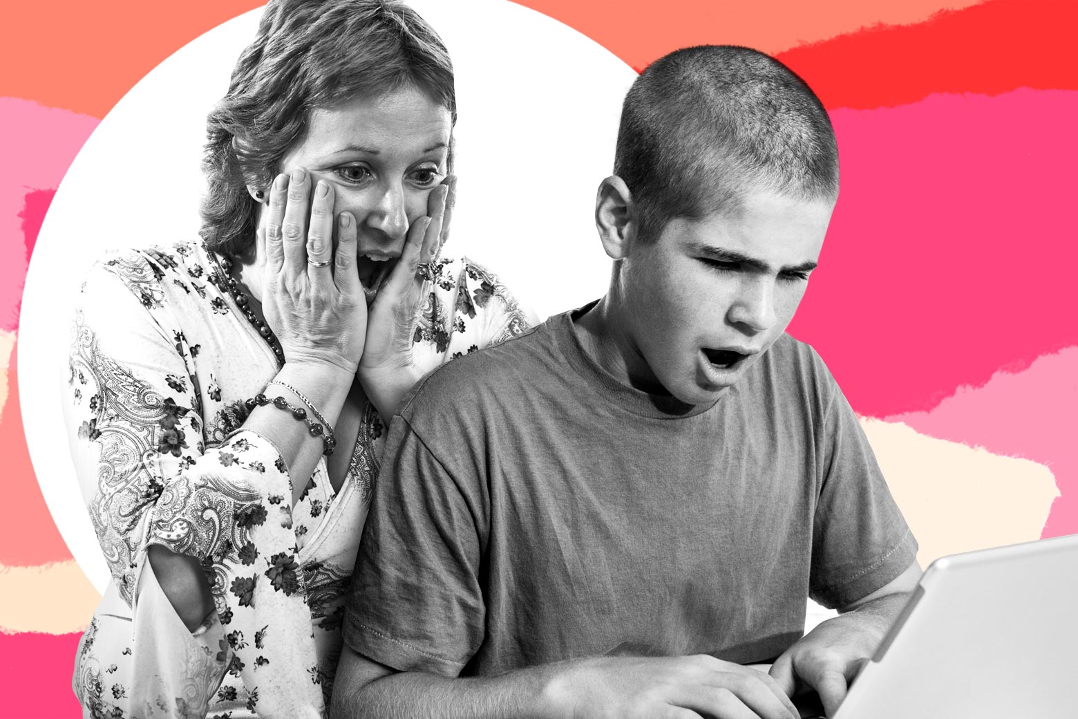 Photo collage of a mother and son shocked looking at a laptop.