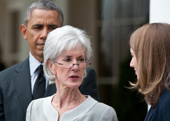 Outgoing Heath and Human Services Secretary Kathleen Sebelius turns to Sylvia Mathews Burwell, tapped by President Obama to replace her, while officially announcing her resignation in the Rose Garden at the White House in Washington on April 11, 2014.