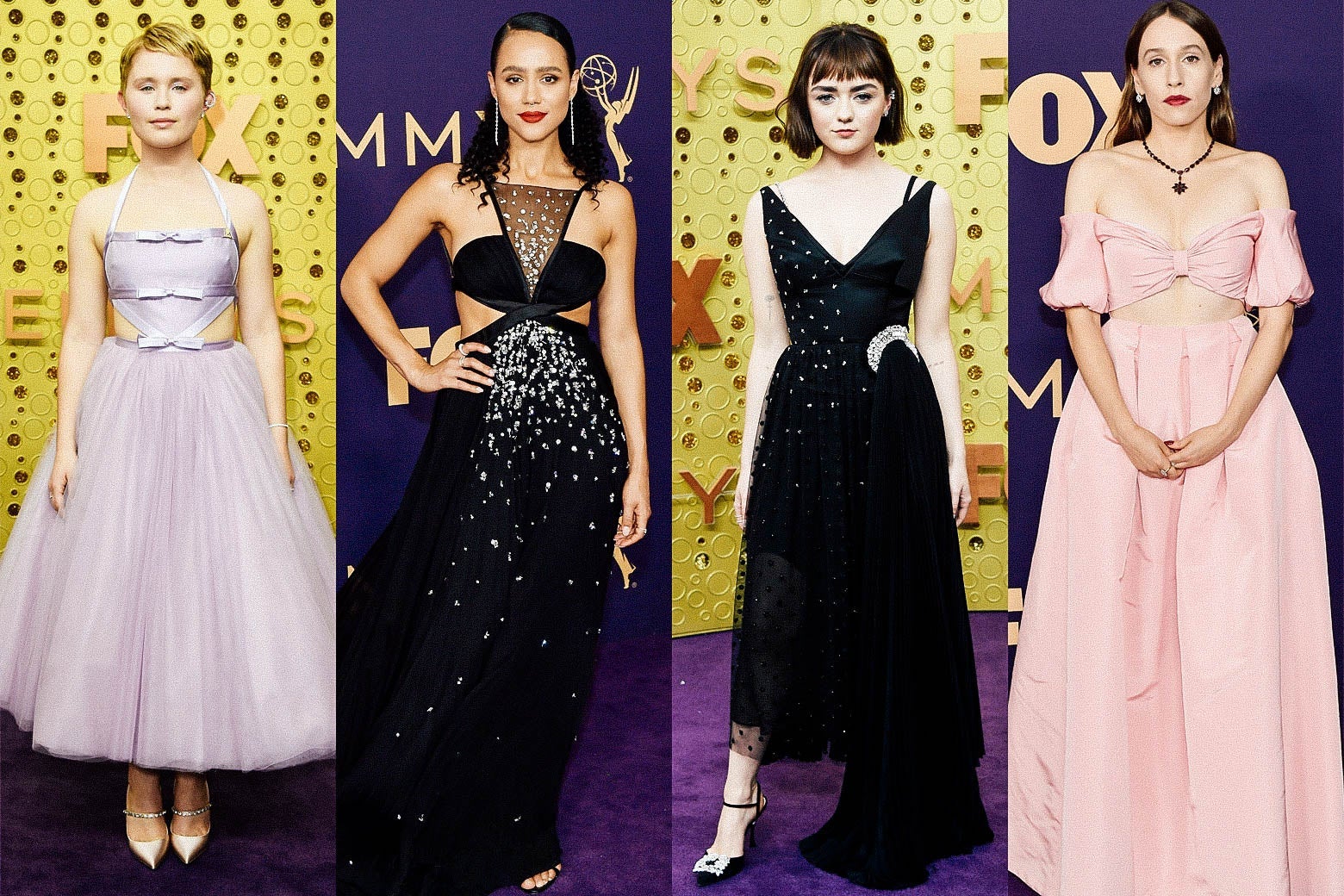 Eliza Scanlen; Nathalie Emmanuel; Maisie Williams; Sarah Sutherland on the Emmys purple carpet.