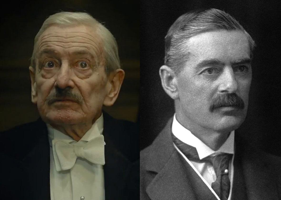 Ronald Pickup as Neville Chamberlain in Darkest Hour and the real Neville Chamberlain.