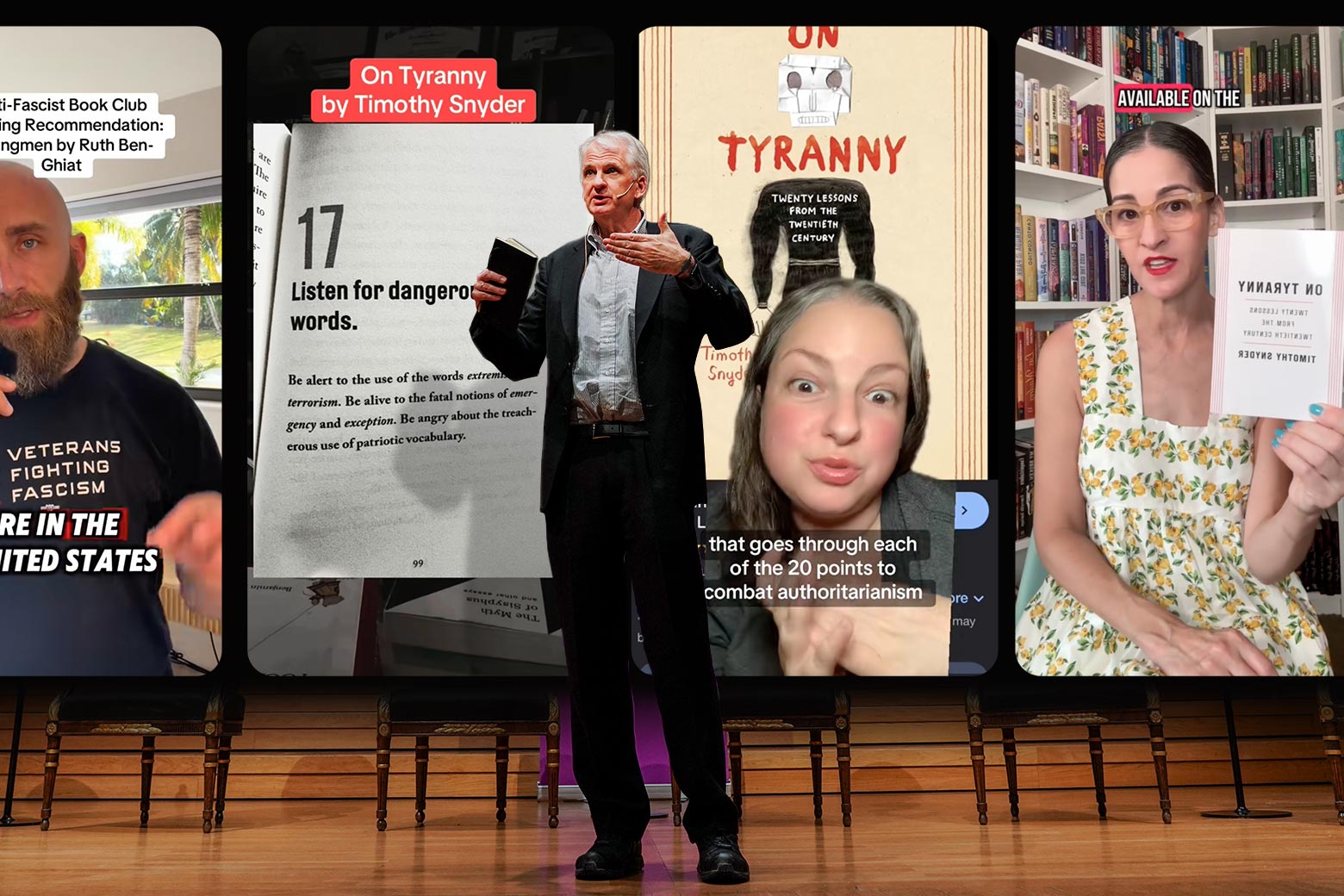Screenshots of various TikTokkers holding up and recommending Timothy Snyder's book On Tyranny.