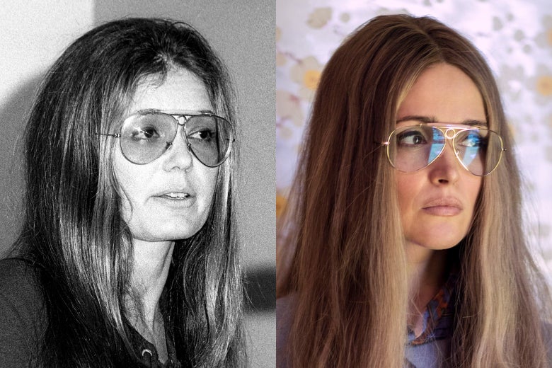 Side-by-side photos of Gloria Steinem and Rose Byrne as Gloria Steinem