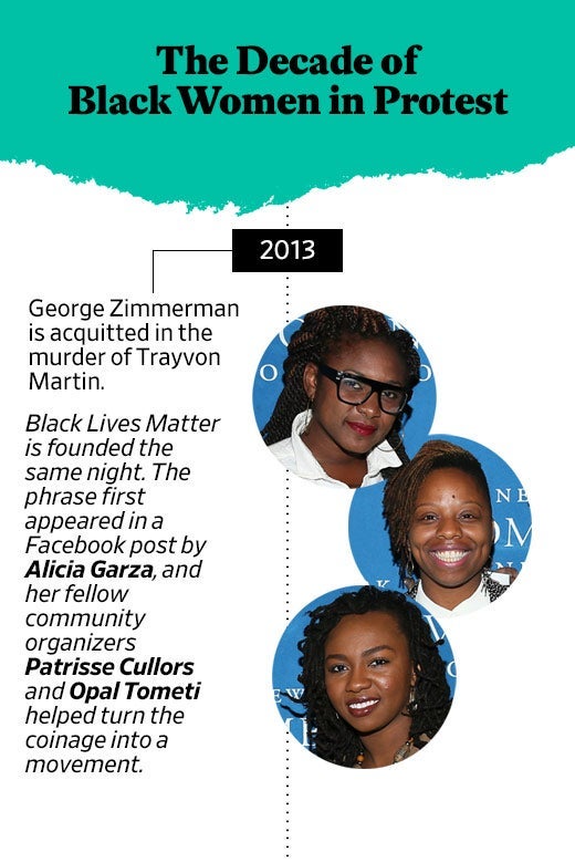 The Decade of Black Women in Protest: 2013, George Zimmerman is acquitted in the murder of Trayvon Martin. Black Lives Matter is founded the same night. The phrase first appeared in a Facebook post by Alicia Garza, and her fellow community organizers Patrisse Cullors and Opal Tometi helped turn the coinage into a movement.