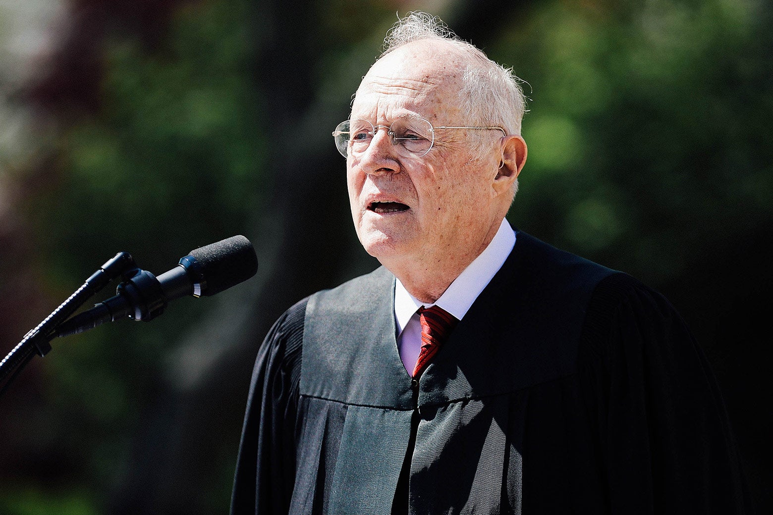 Supreme Court Associate Justice Anthony Kennedy delivers remarks before administering the judicial oath to Neil Gorsuch during a ceremony in the Rose Garden at the White House on April 10, 2017, in Washington.