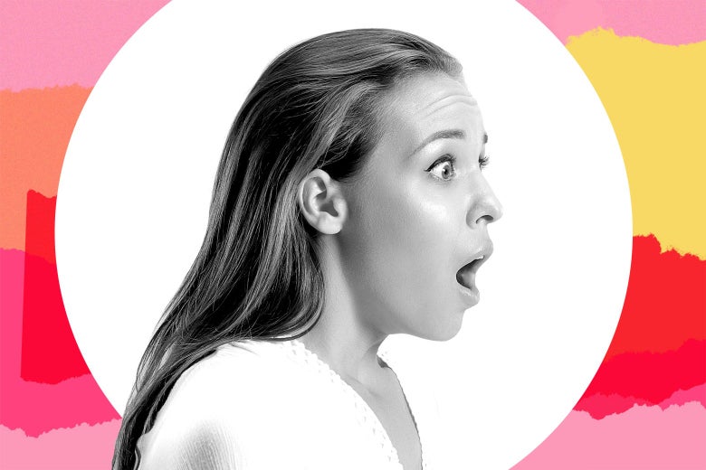 A white woman in profile opens her eyes and mouth wide.