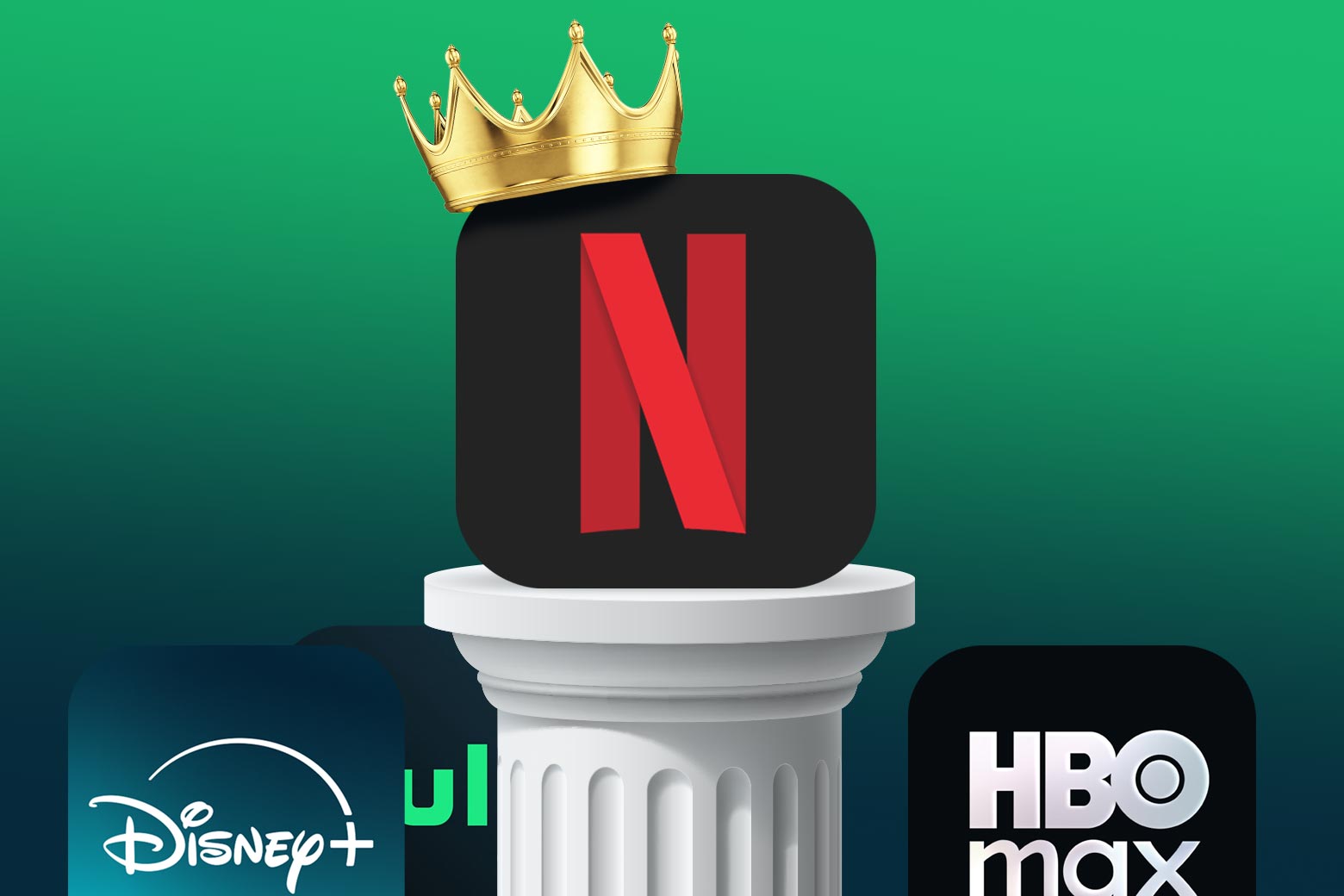 Значок приложения Netflix с короной над значками приложений Disney, Hulu и HBO Max.