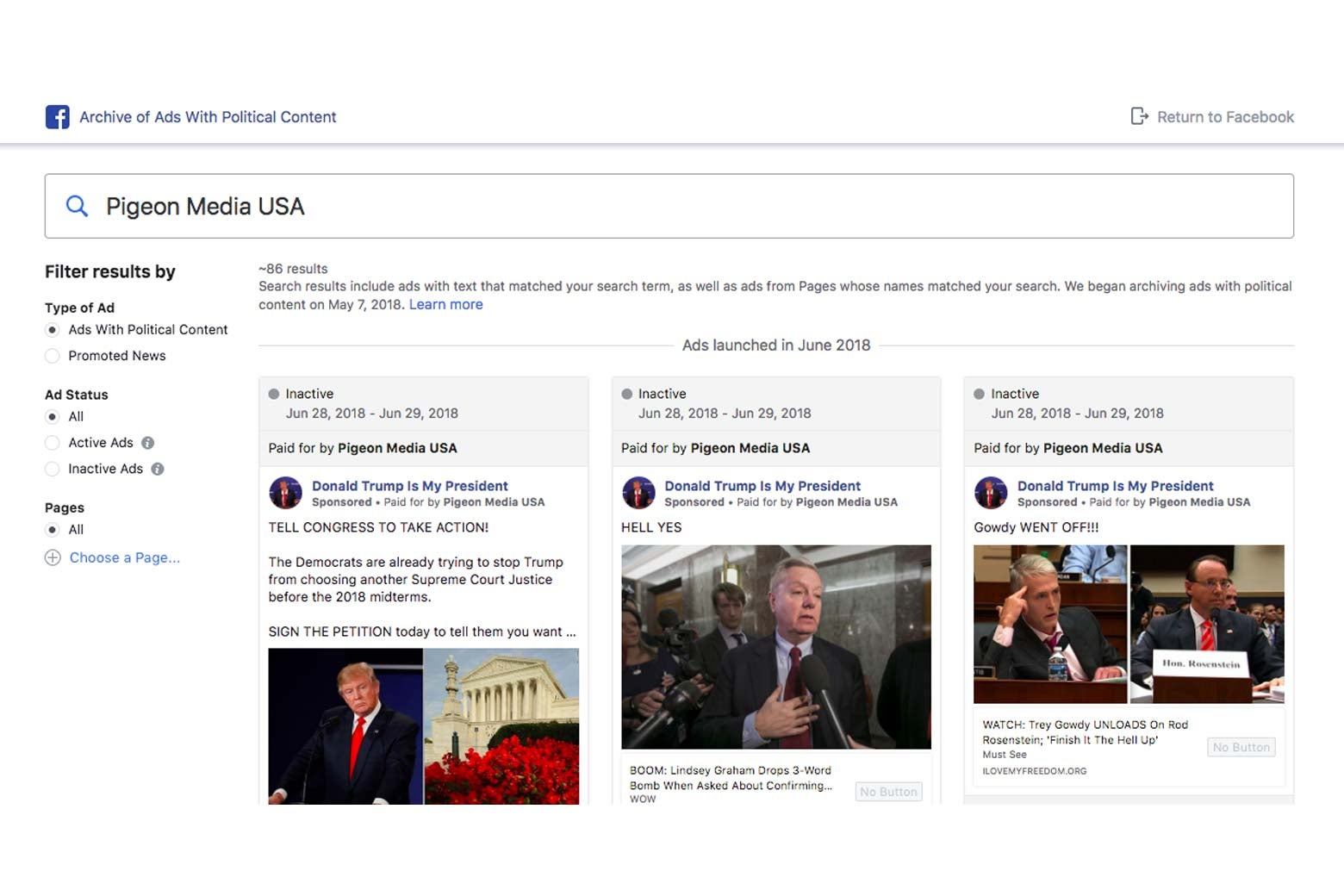 A search for ads placed by Pigeon Media USA using Facebook’s advertising-transparency center.