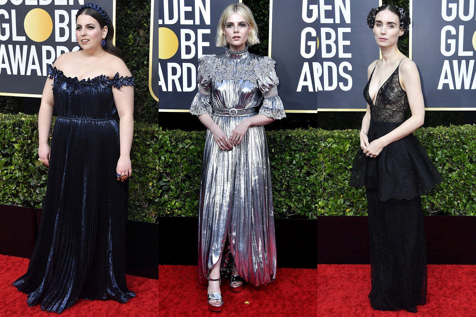 Beanie Feldstein, Lucy Boynton, and Rooney Mara on the 2020 Golden Globes red carpet.