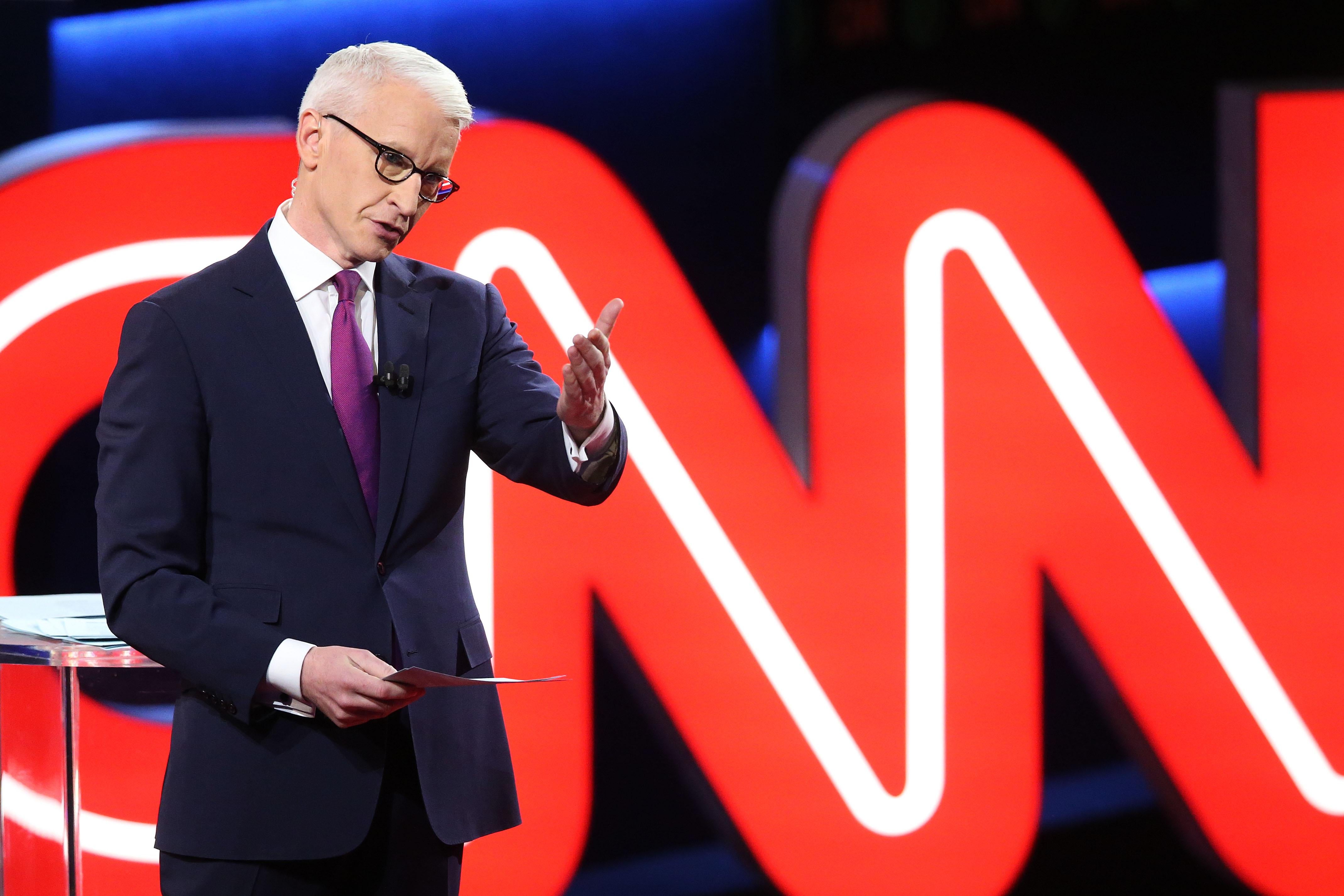 Anderson Cooper at a CNN Democratic presidential debate in Flint, Michigan on March 6, 2016.