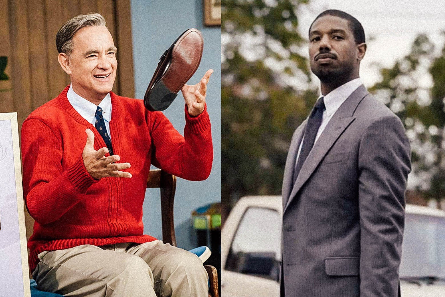 Tom Hanks in A Beautiful Day in the Neighborhood and Michael B. Jordan in Just Mercy.