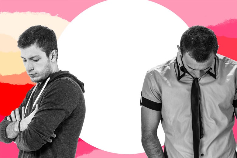 Two twentysomething men standing apart, looking mad at each other