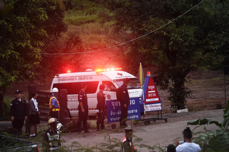 An ambulance leaves the Tham Luang cave area after divers evacuated some of the 12 boys and their coach trapped at the cave in Khun Nam Nang Non Forest Park in the Mae Sai district of Chiang Rai province on July 8, 2018.