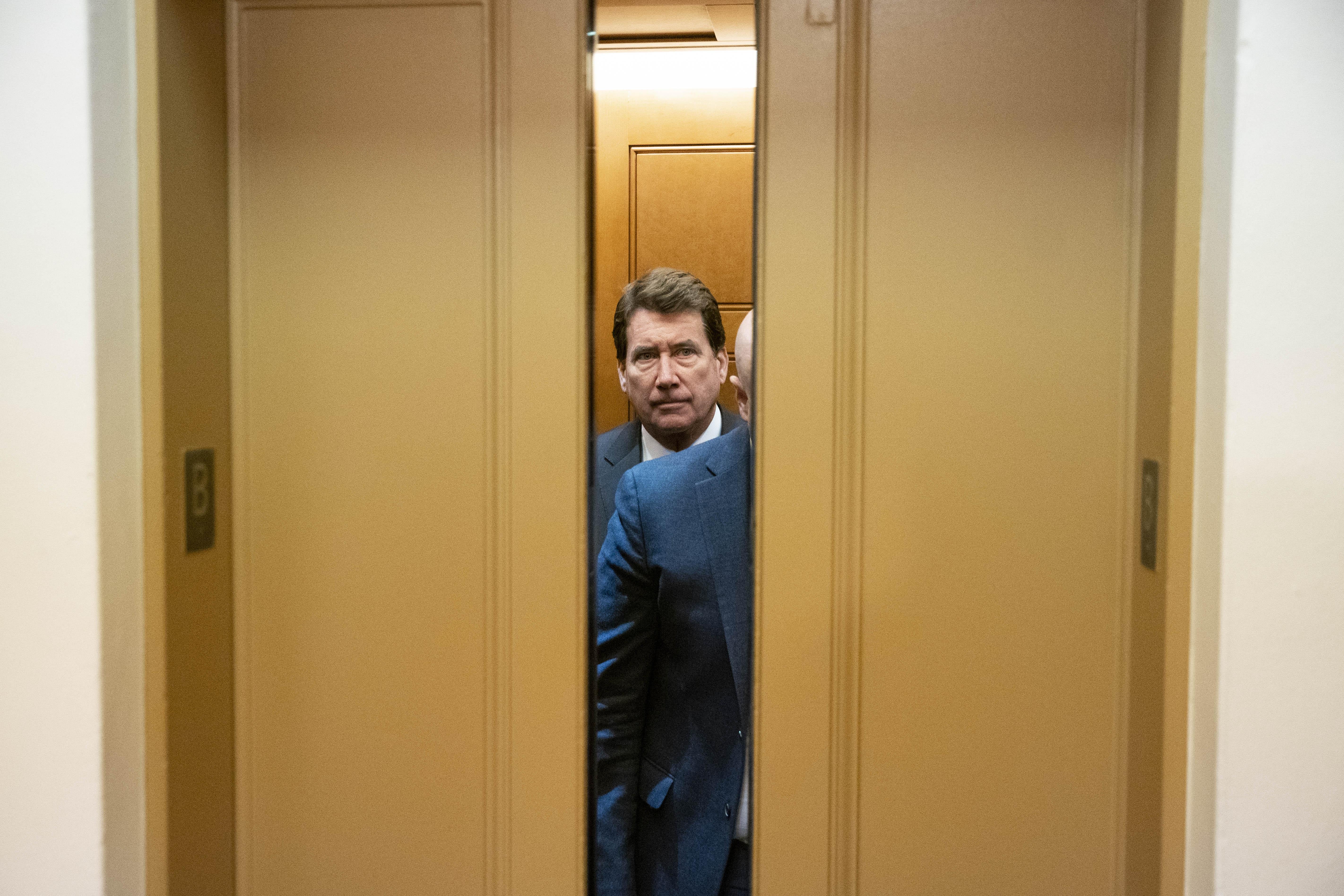 Sen. Bill Hagerty (R-TN) rides in an elevator from the Senate Subway to the Senate floor at the U.S. Capitol on August 7, 2021 in Washington, D.C. 