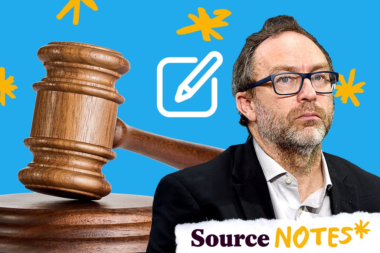 Jimmy Wales with a large gavel behind him and an edit icon