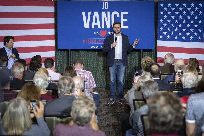 A picture of Republican Ohio Senate candidate J.D. Vance at a campaign rally. 