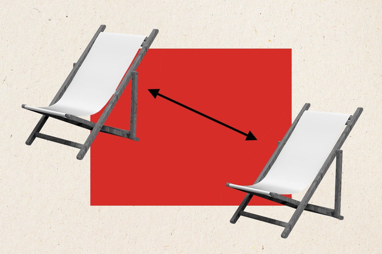 Two lounger chairs with an arrow between them indicating social distancing