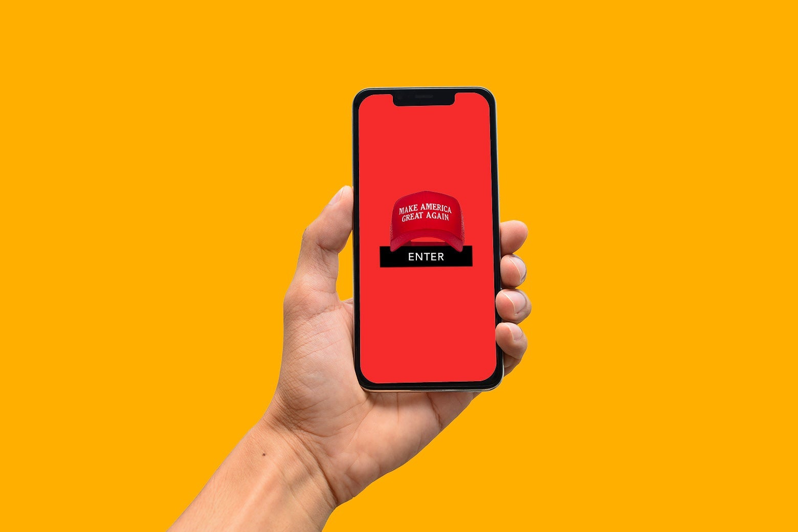 Photo illustration of an ambiguous-looking mobile app with a Make America Great Again hat on top of the "Enter" button.