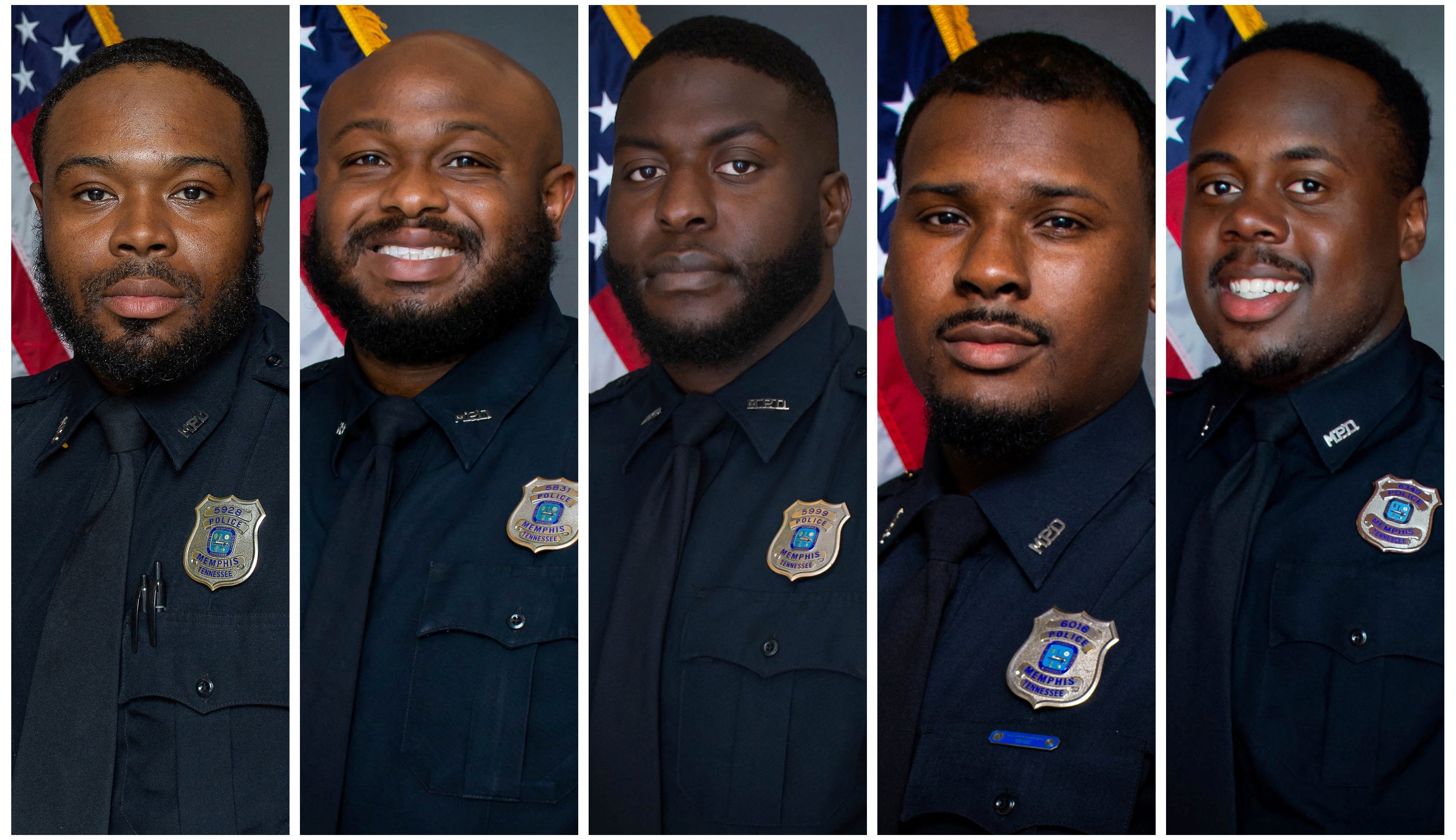 Headshots of five former Memphis police officers.