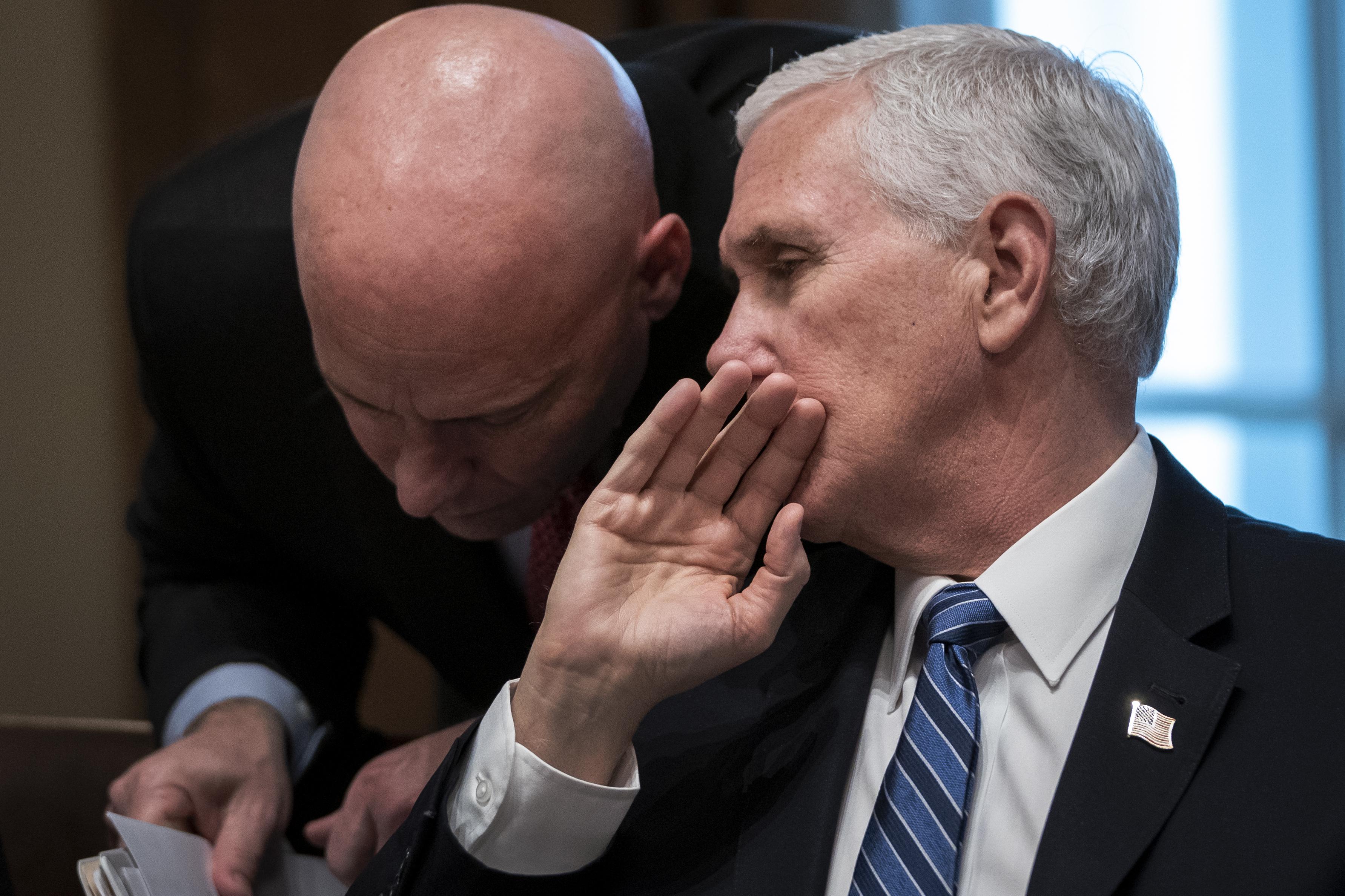 Then-Vice President Mike Pence and his chief of staff Marc Short confer during a meeting at the White House on March 2, 2020 in Washington, D.C.