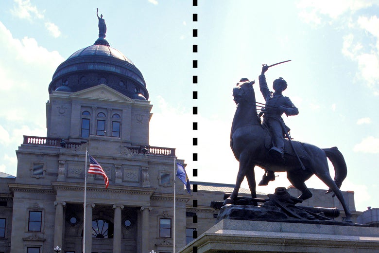 A dotted vertical dividing line passes between a statue of a man on a horse and the Montana statehouse behind it