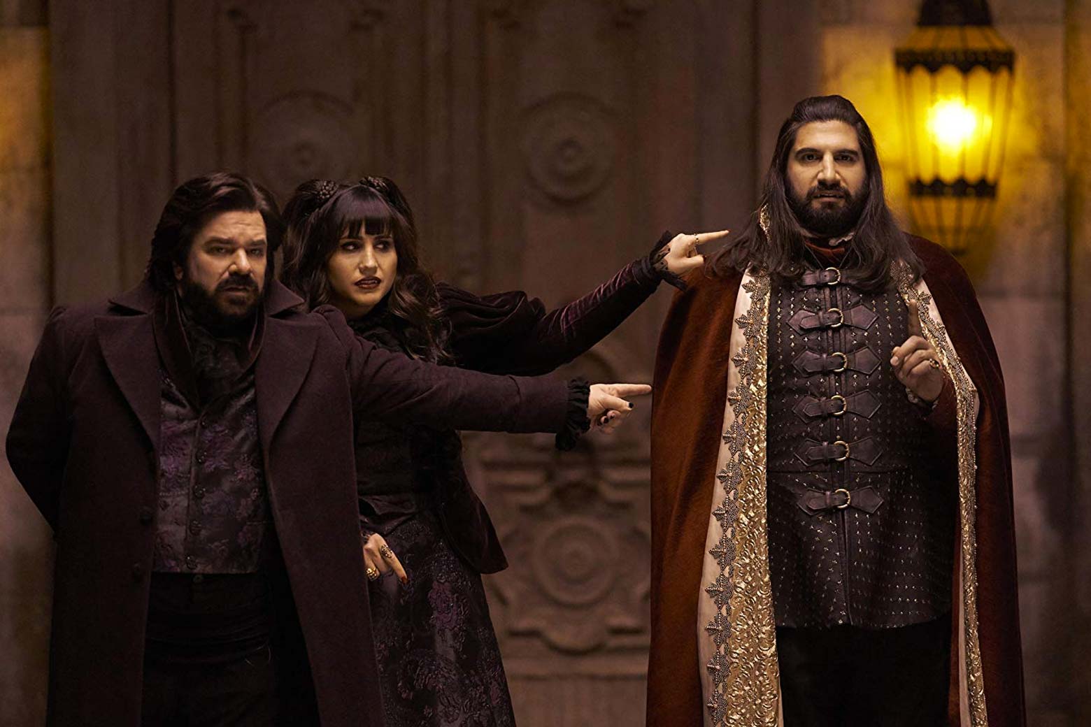 Matt Berry, Natasia Demetriou, and Kayvan Novak as the vampires Laszlo, Nadja, and Nandor.