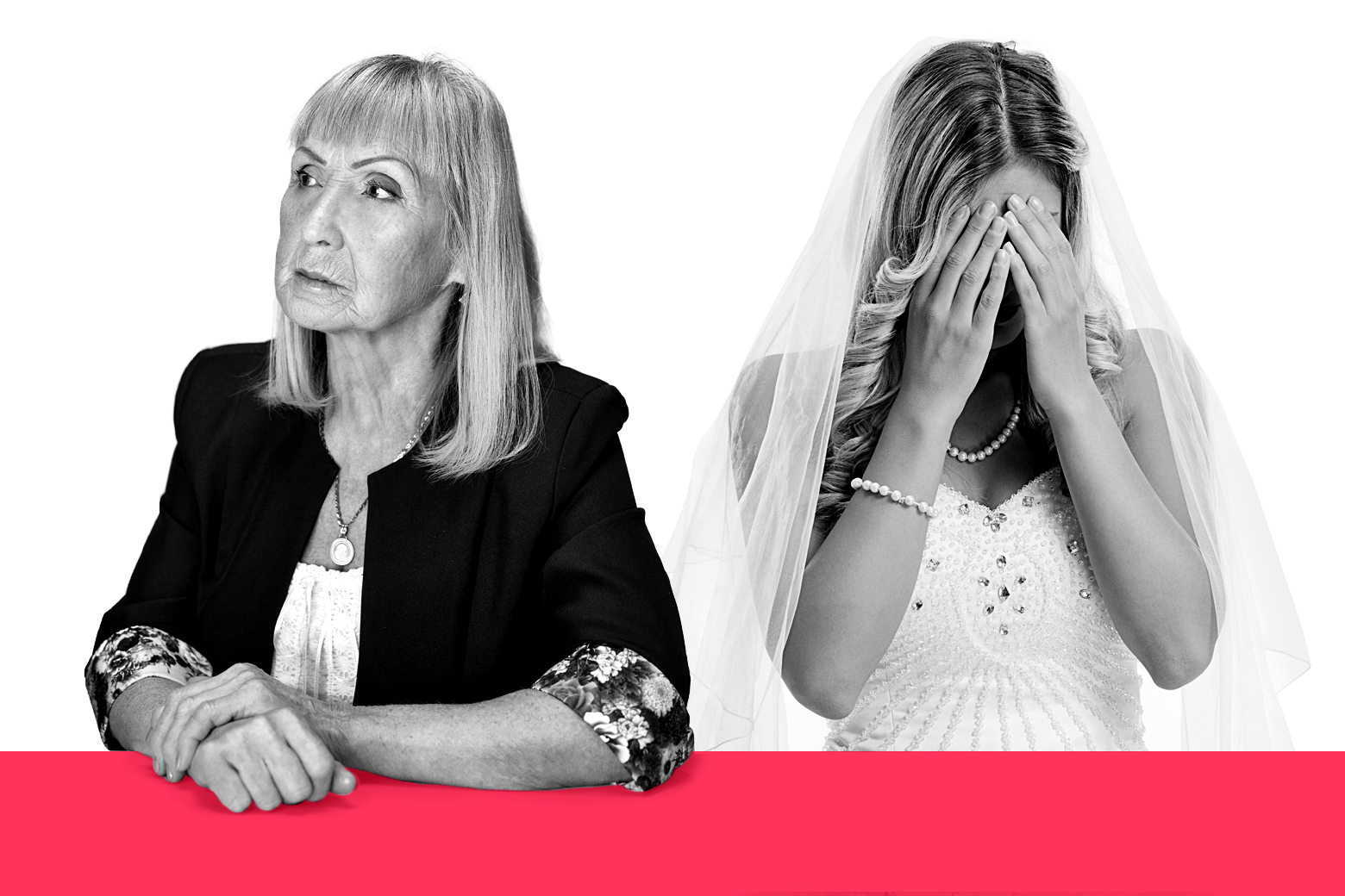  An angry older woman looking away from a sobbing bride.