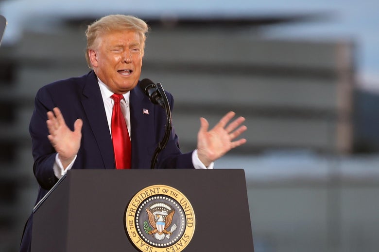 President Donald Trump speaks a rally at an airport hanger on August 28, 2020 in Londonderry, New Hampshire. 