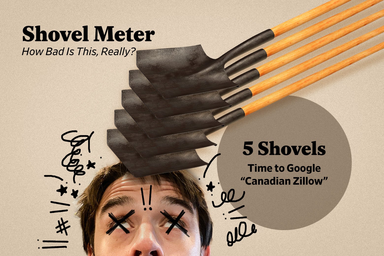An illustration of Ben Mathis-Lilley being hit on the head with five shovels, with cartoon lines and stars radiating out of his head, and text that reads: Shovel Meter. How Bad Is This, Really? 5 Shovels: Time to Google 
