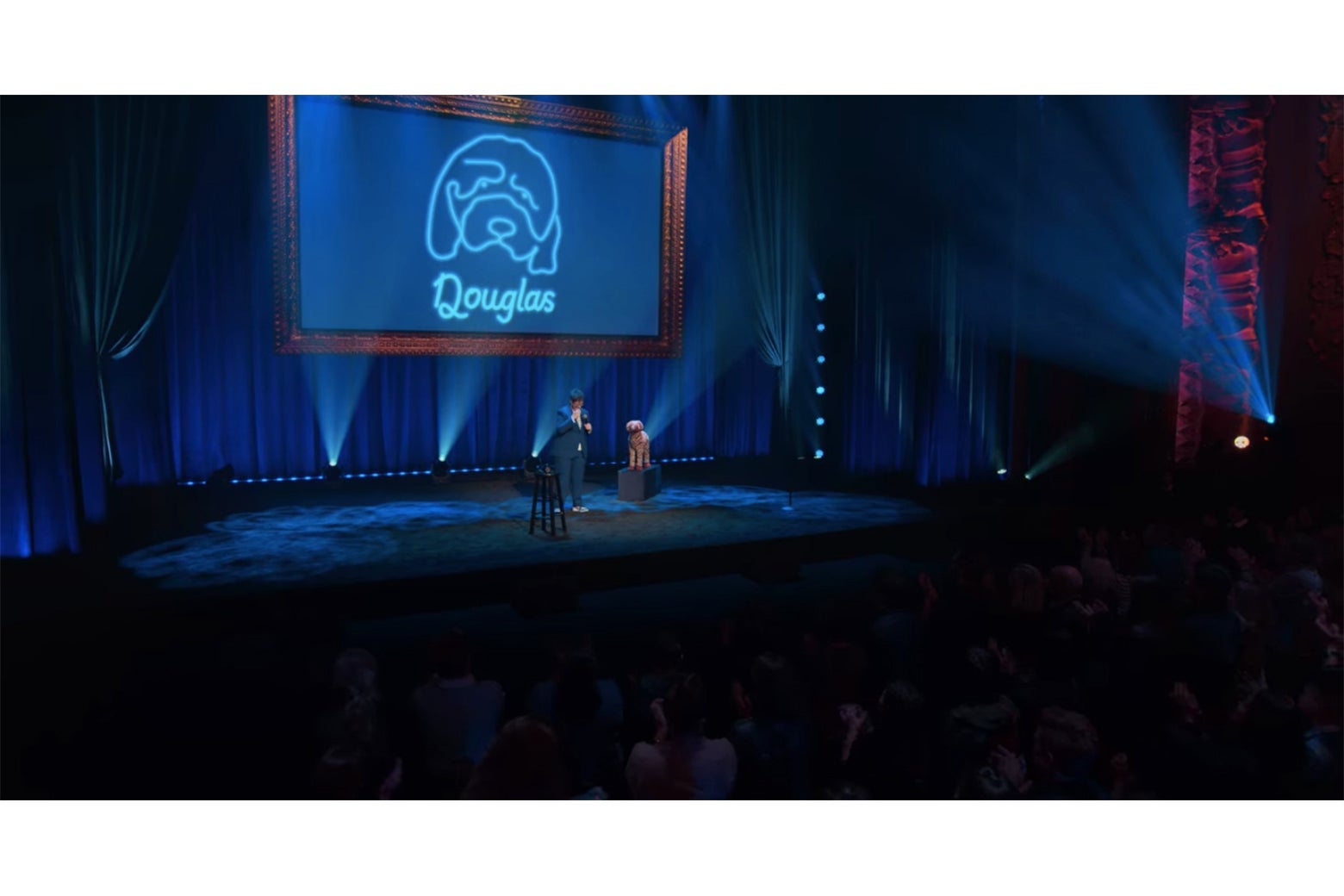 A still from Douglas showing Hannah Gadsby onstage in front of a screen displaying a neon blue line sketch of her dog.