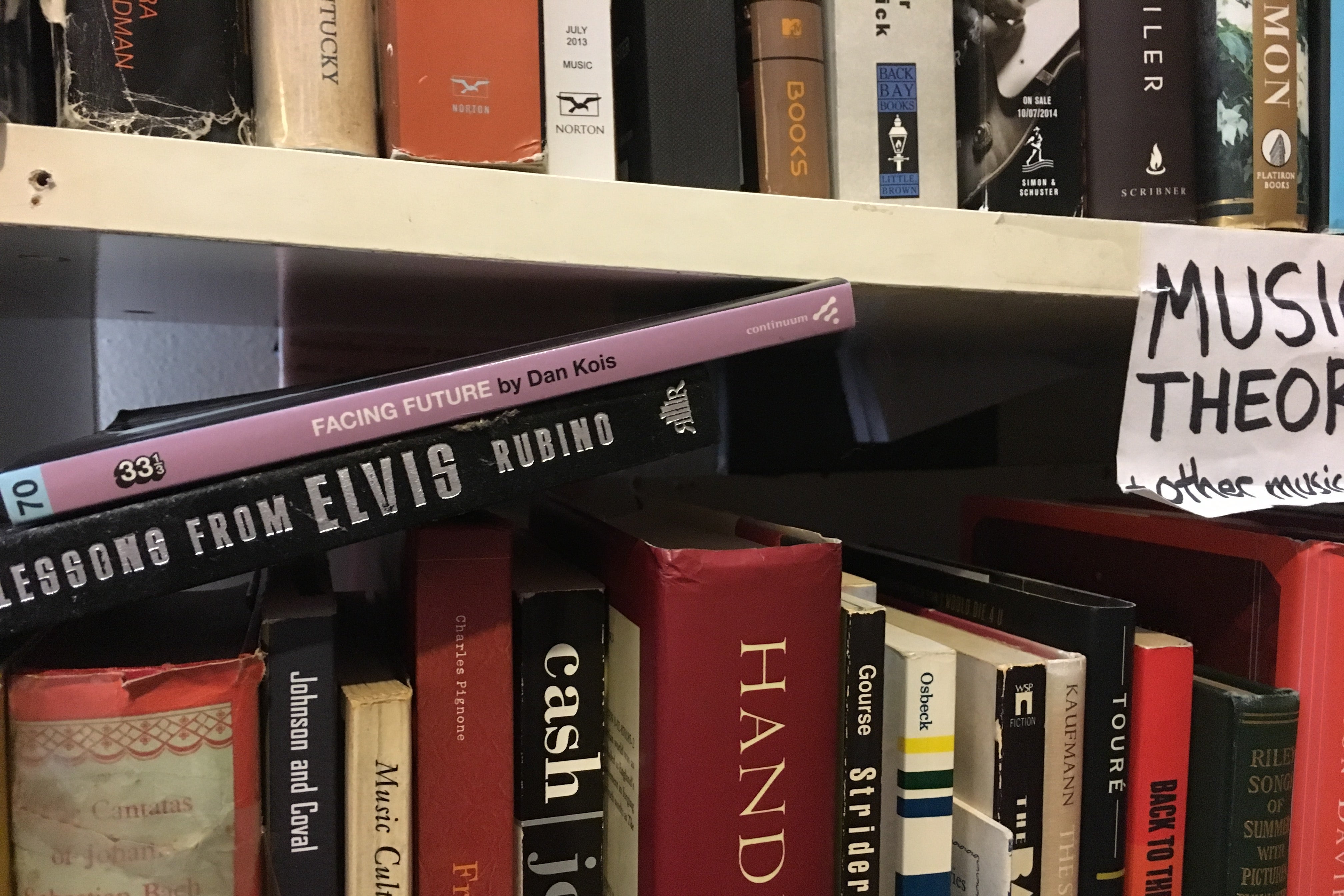 The author's book, Facing Future, sits slanted over a stack of books marked "Music Theory"