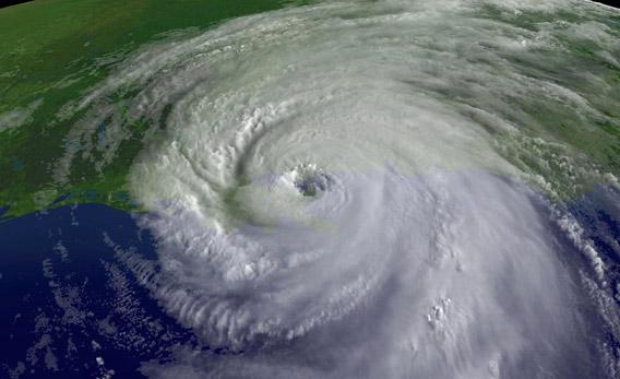 A satellite image of the center of Hurricane Katrina's rotation is seen at 9:45am EST on August 29, 2005 over southeastern Louisiana.