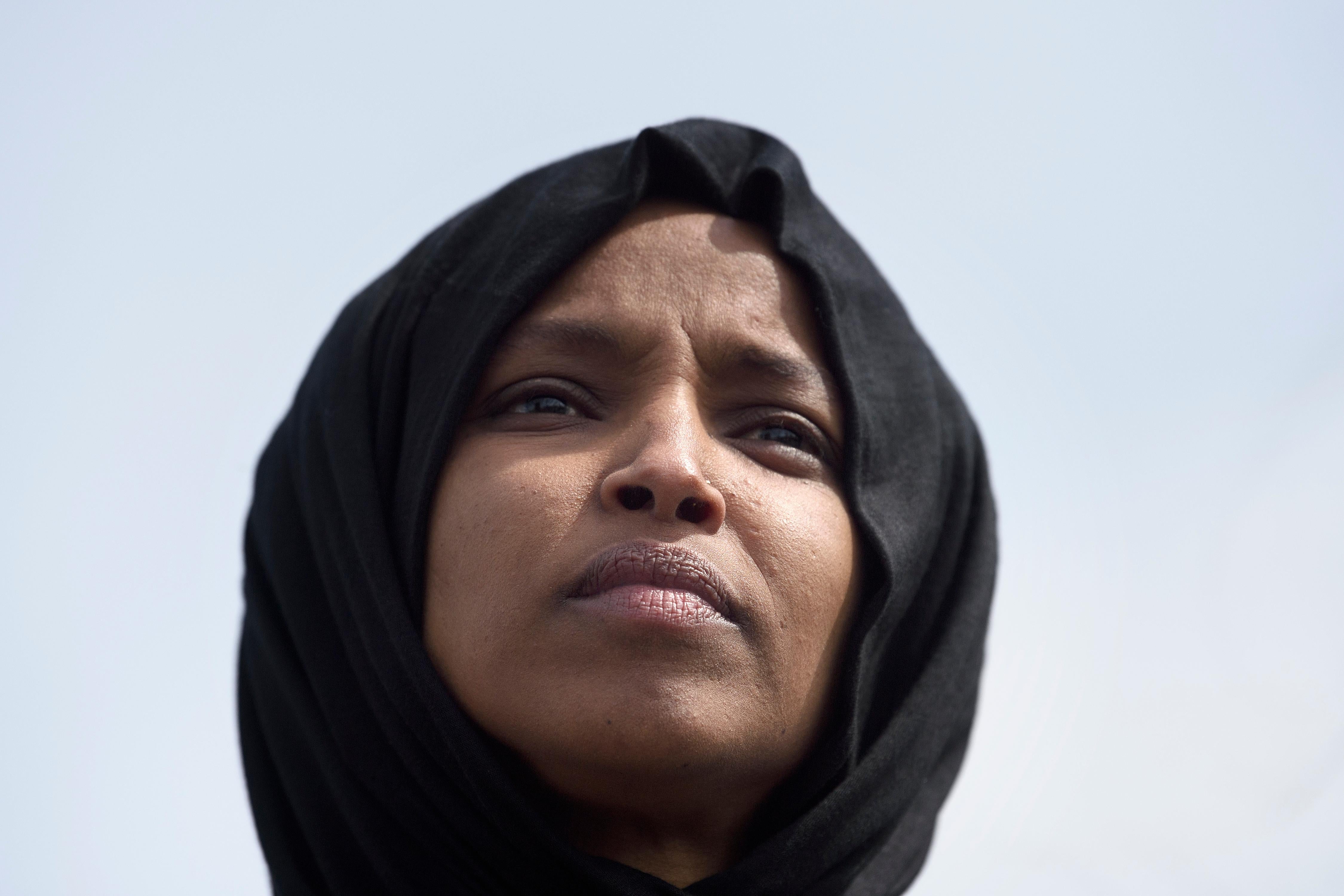 A close-up of Ilhan Omar.
