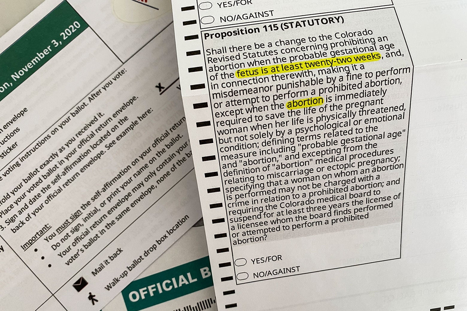 A Colorado voting ballot shows Prop 115, with certain words highlighted.