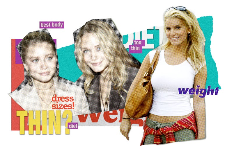 A collage of the Olsen twins and Jessica Simpson with tabloid headlines.