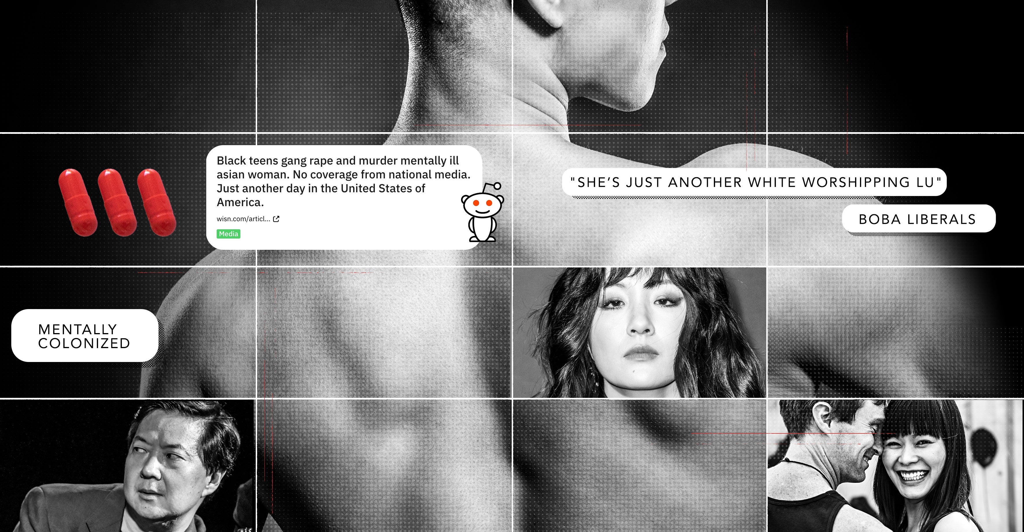 A photo of an Asian man's back is divided into a grid of squares, some of which contain text bubbles and Reddit posts. Other squares include photos of Constance Wu, Ken Jeong, and a couple consisting of a white man and Asian woman, and an image of three red pills.