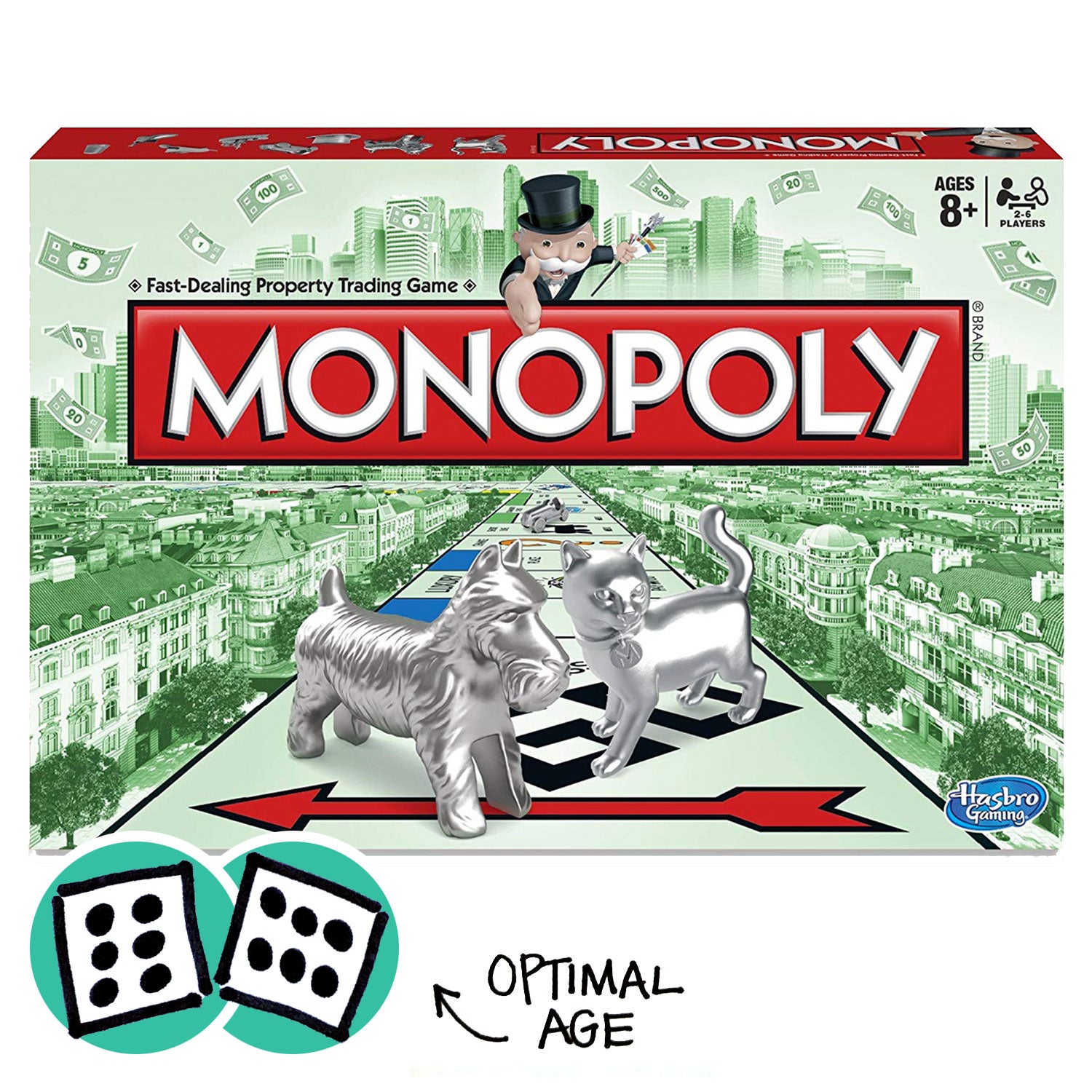 Monopoly with dice showing 12 as the optimal age for the game.