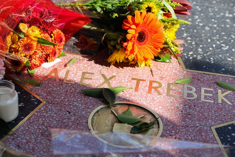 HOLLYWOOD, CALIFORNIA - NOVEMBER 08: Flowers are seen on Alex Trebek's star on the Hollywood Walk of Fame on November 08, 2020 in Hollywood, California. (Photo by Rich Fury/Getty Images)