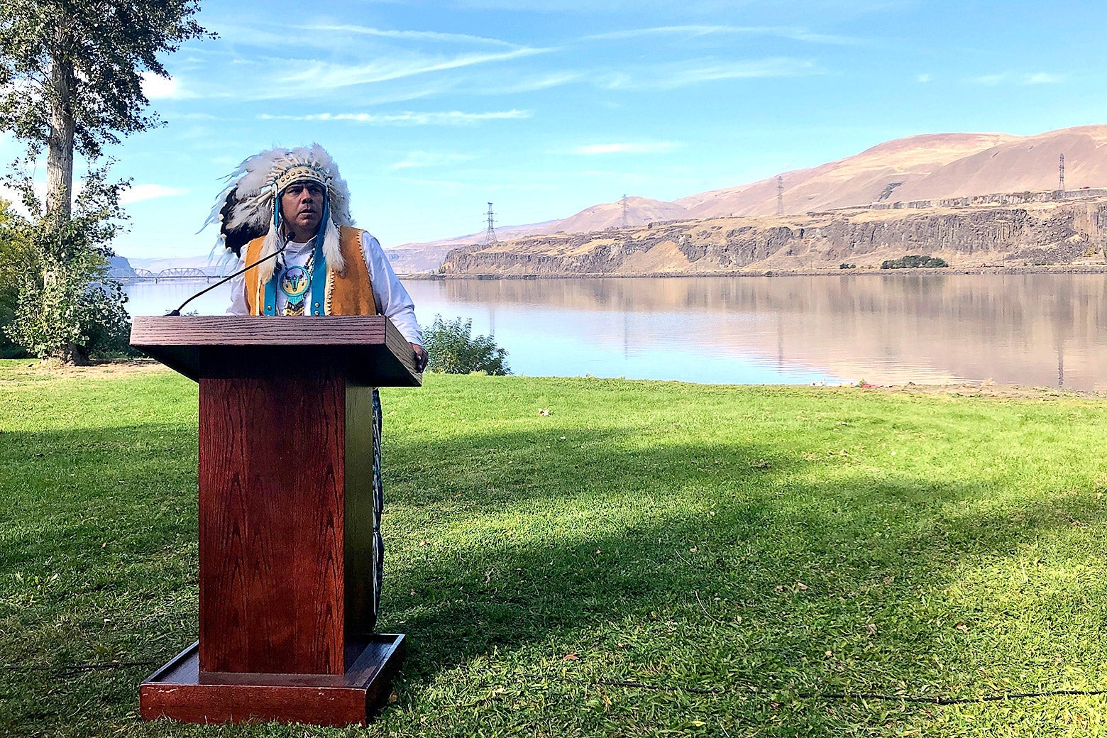 JoDe Goudy, chairman of the Yakama Nation, speaks with the Columbia River in the background near The Dalles, Oregon, on Oct. 14, 2019.