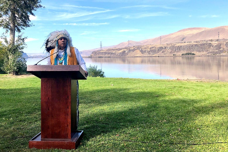 JoDe Goudy, chairman of the Yakama Nation, speaks with the Columbia River in the background near The Dalles, Oregon, on Oct. 14, 2019.