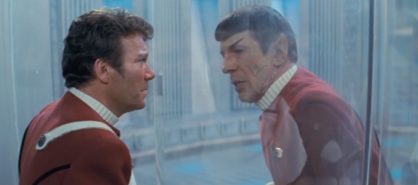 Kirk and Spock in the engine core, looking at each other through the glass after Spock fatally irradiated himself to save the ship from the Genesis Wave in Star Trek II: The Wrath of Khan.