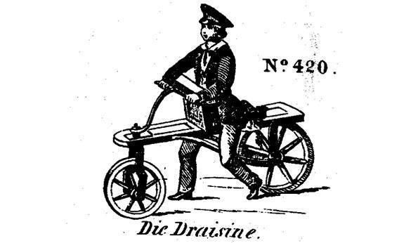 This image of a child on a draisine is taken from an 1857 agricultural machinery catalog of Anton Burg & Sohn, published in Vienna.