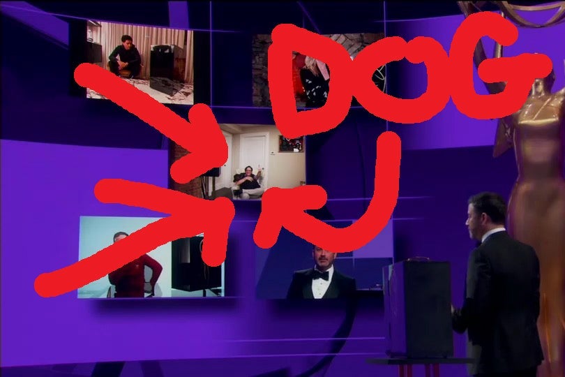 The same image as above of Kimmel addressing the nominees for Outstanding Talk Show, but this time a giant red arrow points out Stephen Colbert's dog.