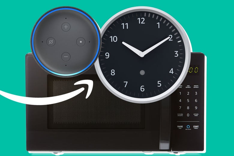 Amazon Echo Dot, Microwave, and Wall Clock